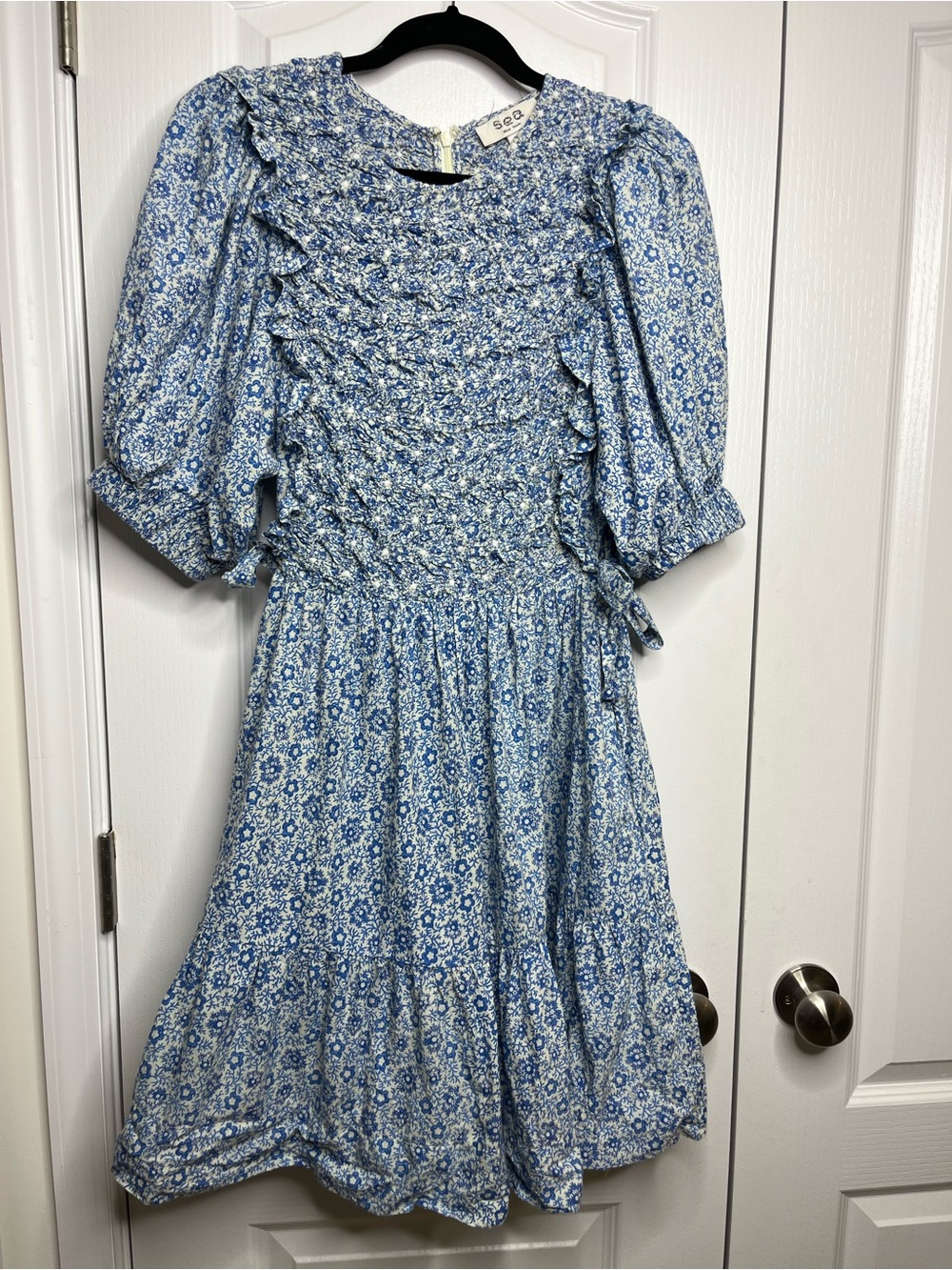 Sea New York Smocked Mini Dress Blue Floral Puff Sleeve Sz Small Cottagecore